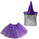 Fantasia Saia Lilás Chapéu Roxo com Véu Temático Halloween