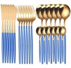 Faqueiro 24 Peças Aço Inox Dourado Cabo Slim Azul Bicolor