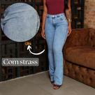 Faraya Jeans Calça Flare Jeans com strass/brilho aplicação Cintura alta com lycra modela bumbum rodeio - 36