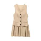 Feminino com decote em v sem mangas plissado mini vestido moda botão frontal feminino vestidos mujer Feminino com decote em v sem mangas plissado mini vestido moda botão frontal feminino vestidos mujer