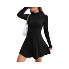 Feminino slim fit meia gola alta cintura cinched saia evasê manga comprida vestido listrado