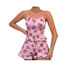 Feminino verão gelo seda rosa impresso amor pijama sexy cinta shorts conjunto de roupas para casa