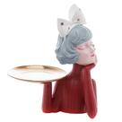 Figura Decorativa Boneca com Bandeja de Resina 24cm x 18cm x