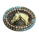 Fivela de cinto Horse Head, estilo ocidental, turquesa e madeira