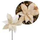 Flor Bico de Papagaio Natalina Luxo Branco Cristal e Creme Tecido Frisado Lantejoulas Furta-Cor 36cm Pick Decorativo