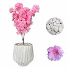 Flor Cerejeira Pessegueiro Artificial + Vaso Origami Pedra - Branco - Rosa