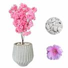 Flor Cerejeira Pessegueiro Artificial + Vaso Origami Pedra - Cinza - Rosa