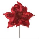 Flor Natal Magnólia Vermelha Aveludada Glitter Luxo 17cm