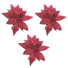 Flor Natalina Arvore Pick Bico De Papagaio Tecido Bordô Vinho Glitter 24Cm