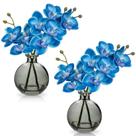 Flores artificiais, orquídeas azuis, orquídea falsa com vaso, conjunto de 2