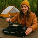 Fogão Fogareiro Acendedor Panela Levar Viagem Gás Camping Preto Grill Chapa Acampamento Pequeno Mesa