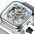Forsining relógio automático esqueleto quadrado Sem gênero, mãos luminosas, movimento gravado, relógios mecânicos de luxo, pulseira de malha de aço