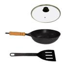 Frigideira Wok Antiaderente Cabo Tampa Vidro 20cm e Espátula