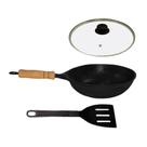Frigideira Wok Antiaderente Cabo Tampa Vidro 32cm e Espátula