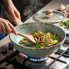 Frigideira Wok Nanocerâmica Granito Verde 28cm Com Tampa Vidro Antiaderente Sem Óleo Indução Gás Elétrico Cerâmico 3,6L