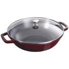 Frigideira wok staub redonda em ferro fundido vermelho com tampa de vidro 30cm 405114660
