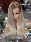 Front lace peruca loira lisa 80cm plaatinada castanho ombre premium