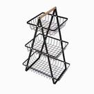 Fruteira 3 andares metal com alça madeira preta organizador multiuso bancada cozinha frutas legumes moderna resistente decorativa