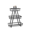 Fruteira de 3 Cestos de Metal Preta 49x40,5cm Com Pegador de Bambu