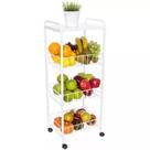 Fruteira De Chão Tripla Metal Com Rodas E Tampo Em Madeira