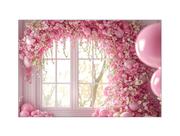 Fundo Fotográfico 2,20 x 1,50 - Arco de Flores Rosa com Balões na Janela 065