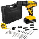 Furadeira parafusadeira de impacto 3/8" a bateria 12V + Kit com 74 acessórios - PFV 074 (110V/220V) Furadeira parafusadeira de impacto 3/8" a bateria 12V + Kit com 74 acessórios - PFV 074 (110V/220V)
