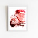 Fusca Aquarela Vermelho Carro Quadro Moldura Branca 60x40cm