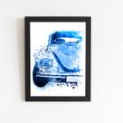 Fusca Arte Aquarela Azul Carro Quadro Moldura Preta 60x40cm