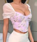 G0107-Blusa Festa Balada Sexy Bordado Flor Top Cropped Corset J208