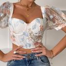 G0311-Blusa Top Cropped Bordado Manga Bufante Corselet Sexy 409s