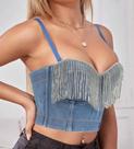 G0705-Top Cropped Jeans Bordado Pedraria Franja Balada Festa Luxo G0705-Top Cropped Jeans Bordado Pedraria Franja Balada Festa Luxo