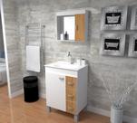 Gabinete Armário Para Banheiro Com Cuba e Espelheira Brava 60 cm Carvalho