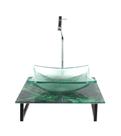 Gabinete de vidro com cuba quadrada incolor com tampo de vidro 40cm x 40cm mármore verde