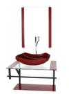 Gabinete de vidro para banheiro 60cm ap cuba abaulada vermelho cereja com torneira cromada