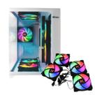 Gabinete Gamer Aquário Cubo Branco Lateral e Frente Vidro + Kit 4 Cooler Fans RGB Ktrok 120X120mm 1200 RPM