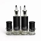 Galheteiro Vidro e Inox 4 Peças 150ml e 300ml Porta Azeite Vinagre Sal Pimenta com Suporte Inox Antigotejamento
