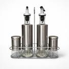 Galheteiro Vidro e Inox 4 Peças 150ml e 300ml Porta Azeite Vinagre Sal Pimenta com Suporte Inox Antigotejamento