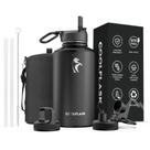 Garrafa de água Coolflask 1,9 L isolada com palha e 3 tampas pretas