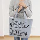 Gatos dos desenhos animados impresso praia saco com zíper moda feminina lona tote bolsas de compras