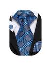 Gravata Barry.Wang Blue Grey Checks de seda 150 cm de comprimento Gravata Barry.Wang Blue Grey Checks de seda 150 cm de comprimento