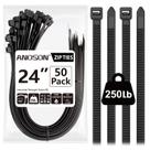Gravatas com zíper ANOSON Heavy Duty Outdoor 60 cm 250 kg, pacote com 50 unidades, pretas