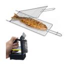 Grelha dupla inox dobrável com escova limpa fácil churrasco