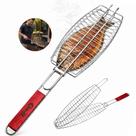 Grelha para Churrasco Aço Inox Dupla Sistema Abre Fecha Assado de Carnes e Peixes C/ Cabo Madeira