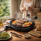 Grill Elétrica Redondo Antiaderente com Termostato Sem Fumaça Churrasqueira Ideal para Cozinhas e Varandas 40cm Grelha 25,5 cm Potência 1200W
