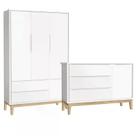 Guarda Roupa 3 Portas e Cômoda com Porta Classic Branco Fosco Pés Madeira Natural - Reller Móveis