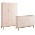 Guarda Roupa 3 Portas e Cômoda com Porta Classic Rosa Fosco Pés Madeira Natural - Reller Móveis