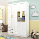 Guarda-roupa 4 Portas 2 Gavetas com Espelho Infantil Perola Branco-Branco
