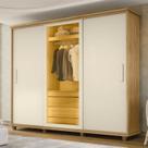 Guarda-Roupa Casal 3 Portas de Correr 1 Porta com Vidro Reflecta com LED 4 Gavetas Portugal Bege/Cinamomo/Off White