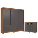 Guarda Roupa Casal 3 Portas de Correr 9 Gavetas Morretes com Cômoda Havana Jatoba com Pés Grafite - Santos Andirá