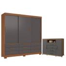 Guarda Roupa Casal 3 Portas de Correr 9 Gavetas Morretes com Cômoda Havana Jatoba com Rodizio Grafite - Santos Andirá